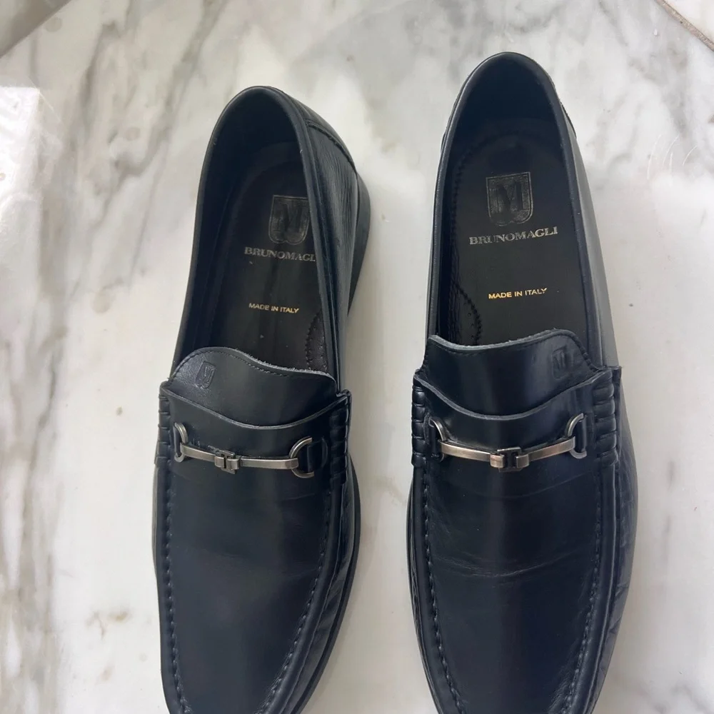 Bruno Magli Black Leather Loafers with Silver Accent 9 1/2